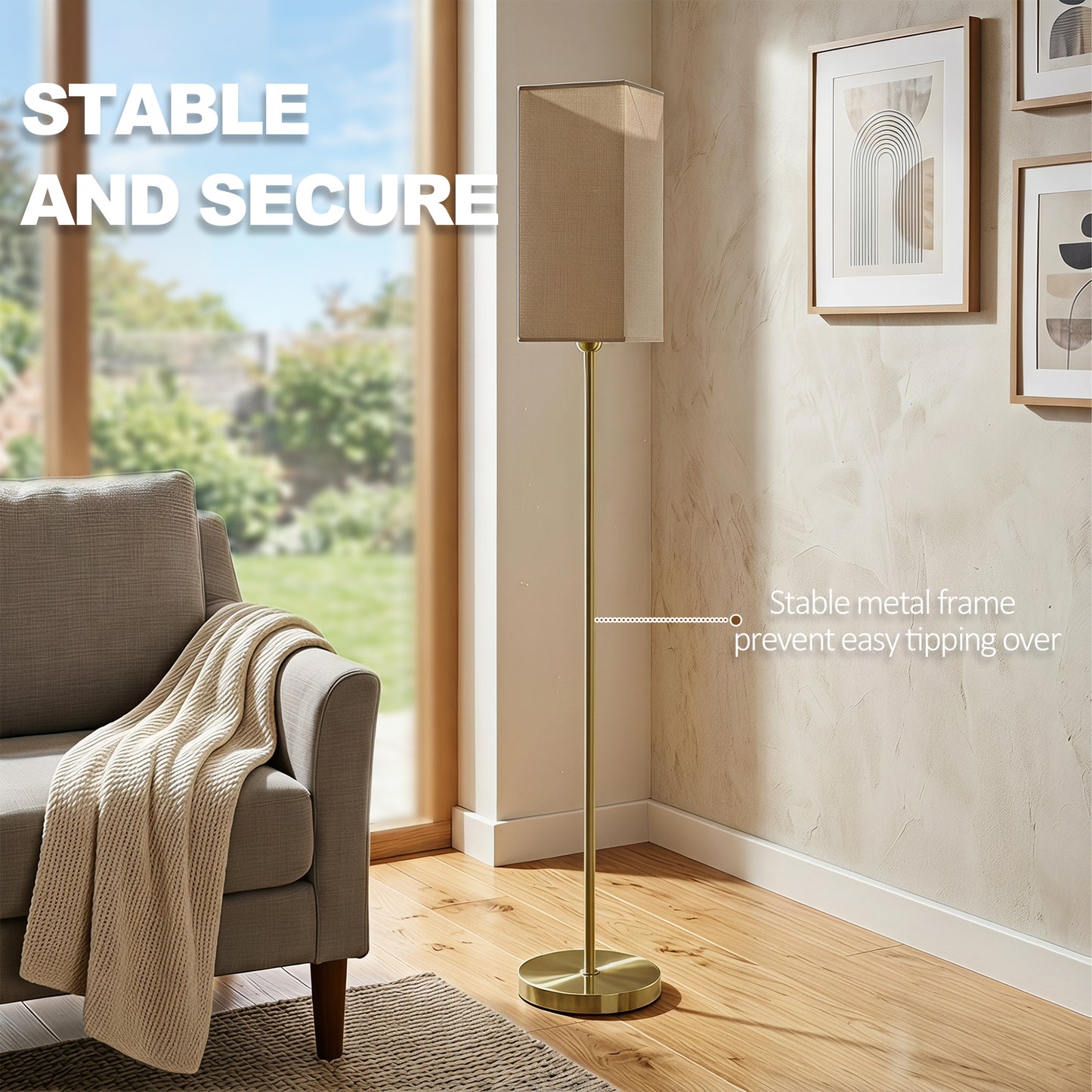 Floor Lamp, Modern Standing Lamp with Linen Shade and Foot Switch, Tall Lamps for Bedroom, Bulb not Included, Gold Tone
