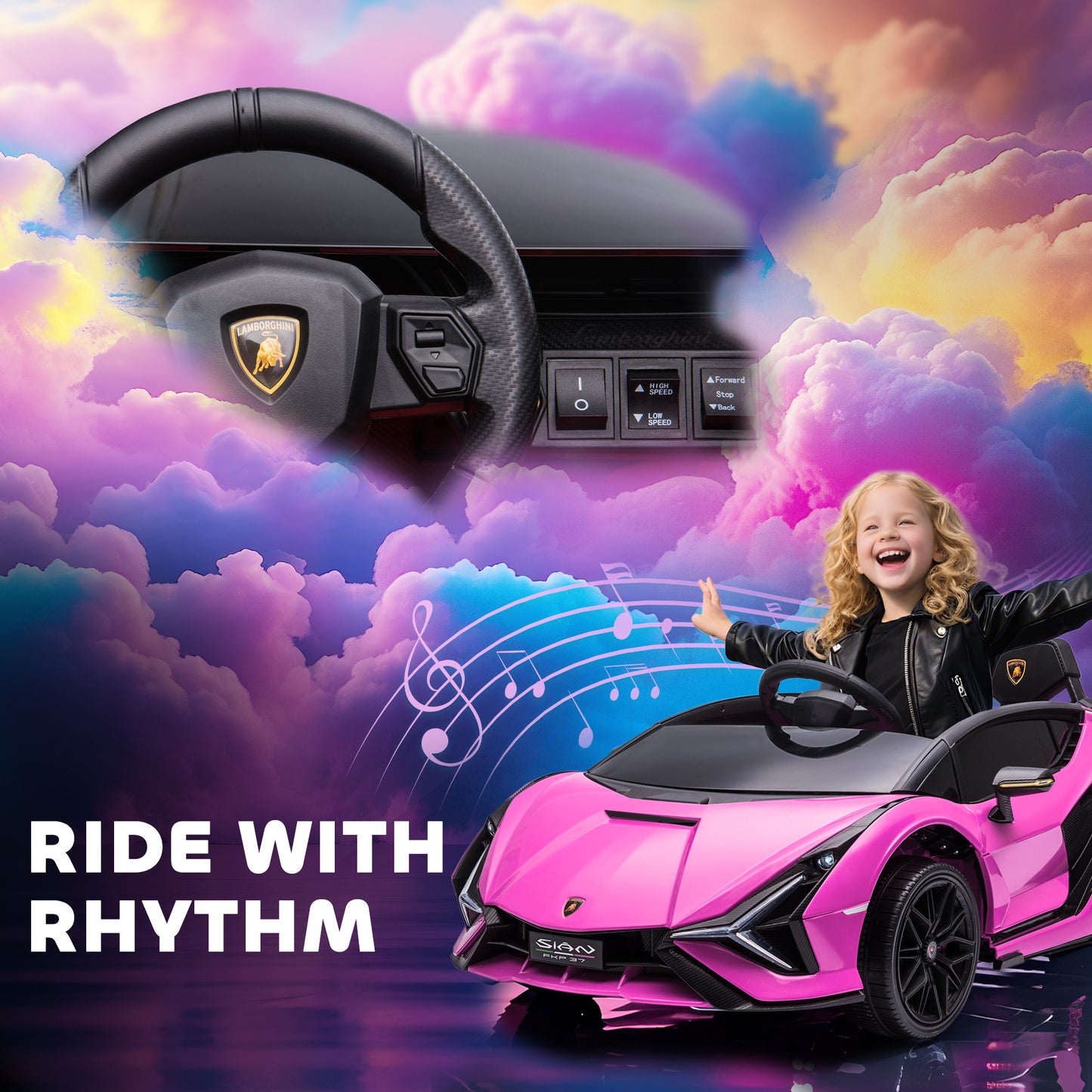 Lamborghini Sian Licensed Electric Car for Kids, 12V Kids Electric Ride on Car with Dual Motors, Remote Control, Pink