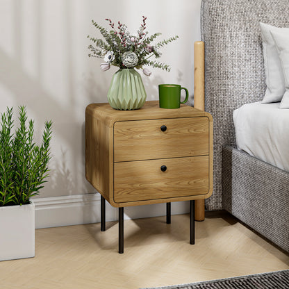 Bedside Table with 2 Drawers and Steel Legs - Oak