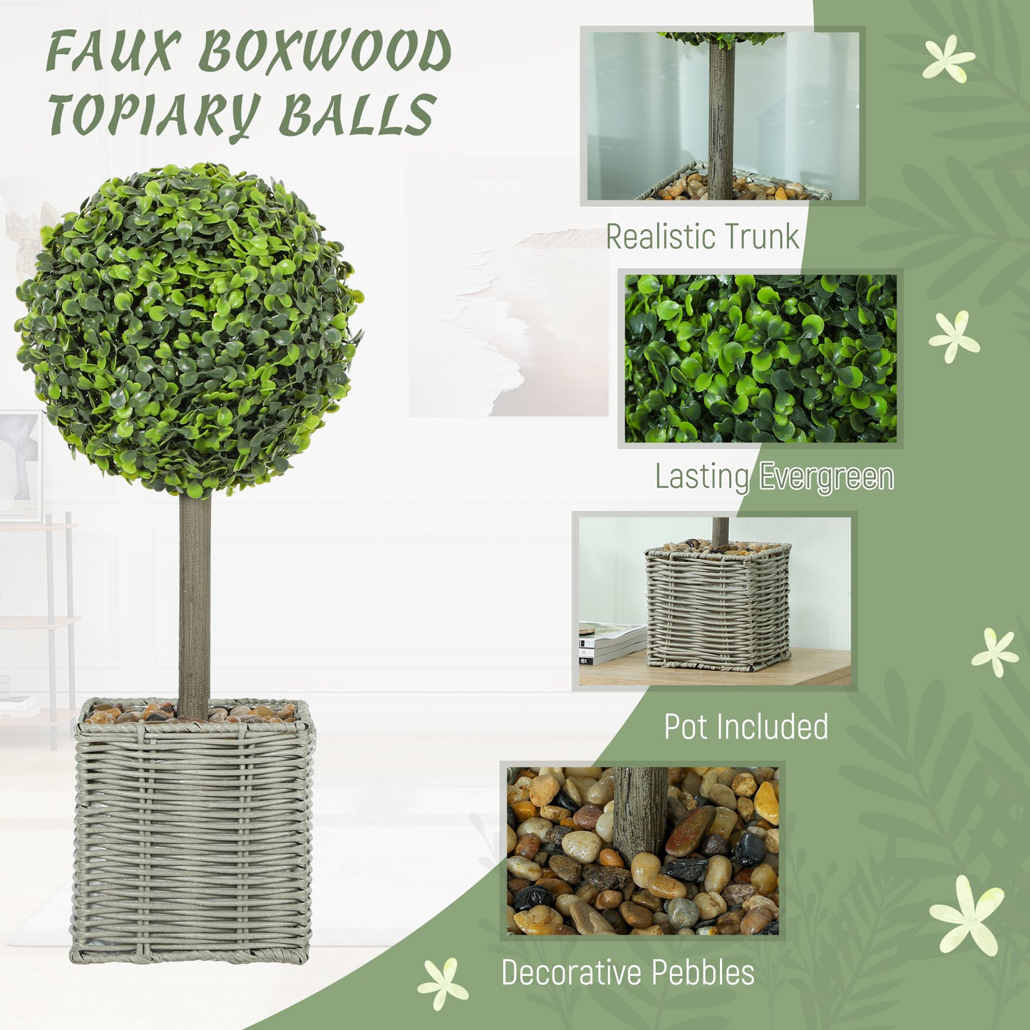 Set of 2 Decorative Artificial Plants, 50cm Faux Boxwood Topiary Balls with Woven Plastic Pot and Pebbles
