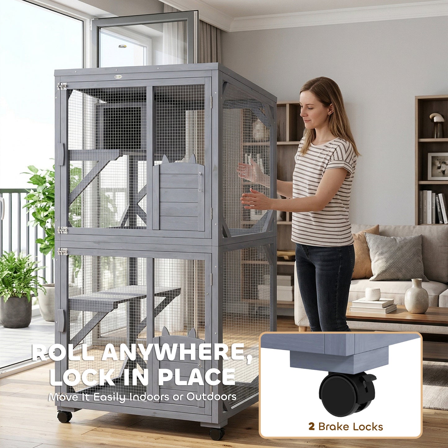 Movable Outdoor Catio with Resting Box, 3 Jumping Platforms, Waterproof Asphalt Roof for Outdoor Indoor