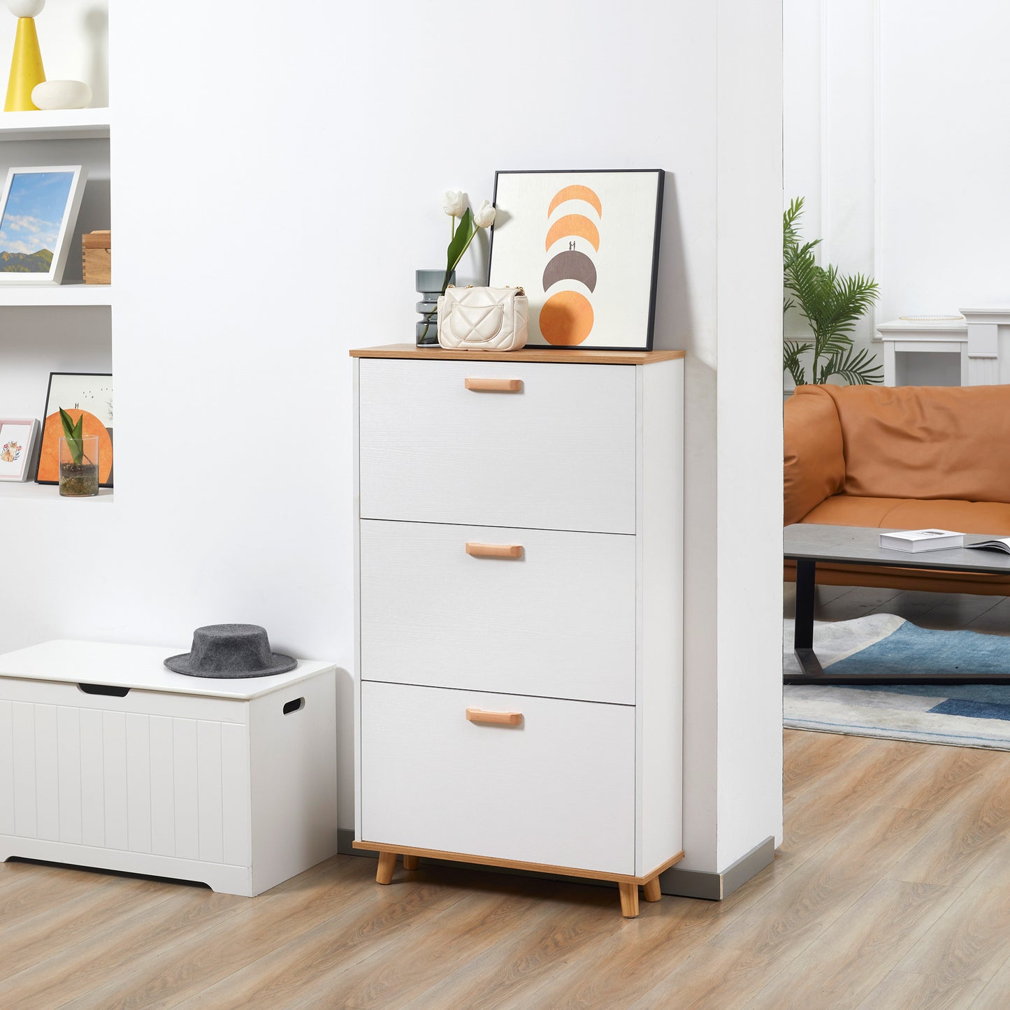 Narrow Shoe Cabinet, Slim Shoe Storage Cabinet with 3 Flip Drawers and Adjustable Shelves