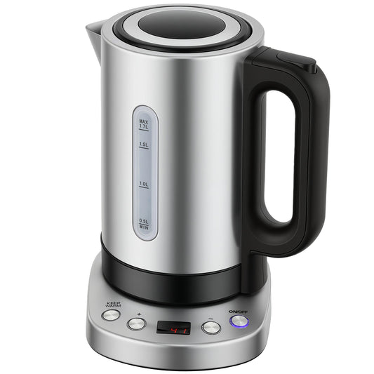 Electric Kettle, 1.7L, Fast Boil, 3kW Water Kettle with UK Strix Thermostat, Keep Warm Function, LCD Base, Silver Tone