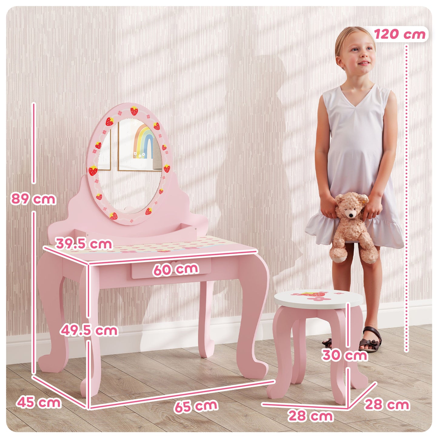 Kids Dressing Table Set, Vanity Table with Stool, Mirror, Drawer, Desktop, Storage, Strawberry-Theme, Pink