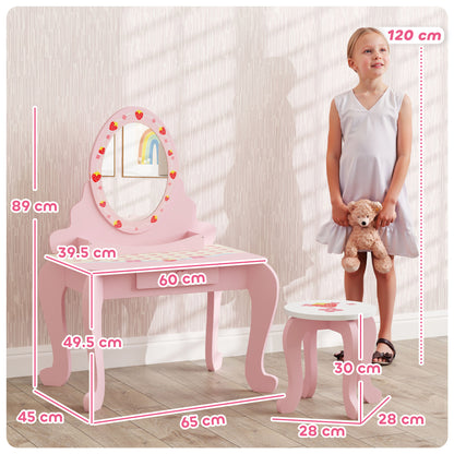 Kids Dressing Table Set, Vanity Table with Stool, Mirror, Drawer, Desktop, Storage, Strawberry-Theme, Pink