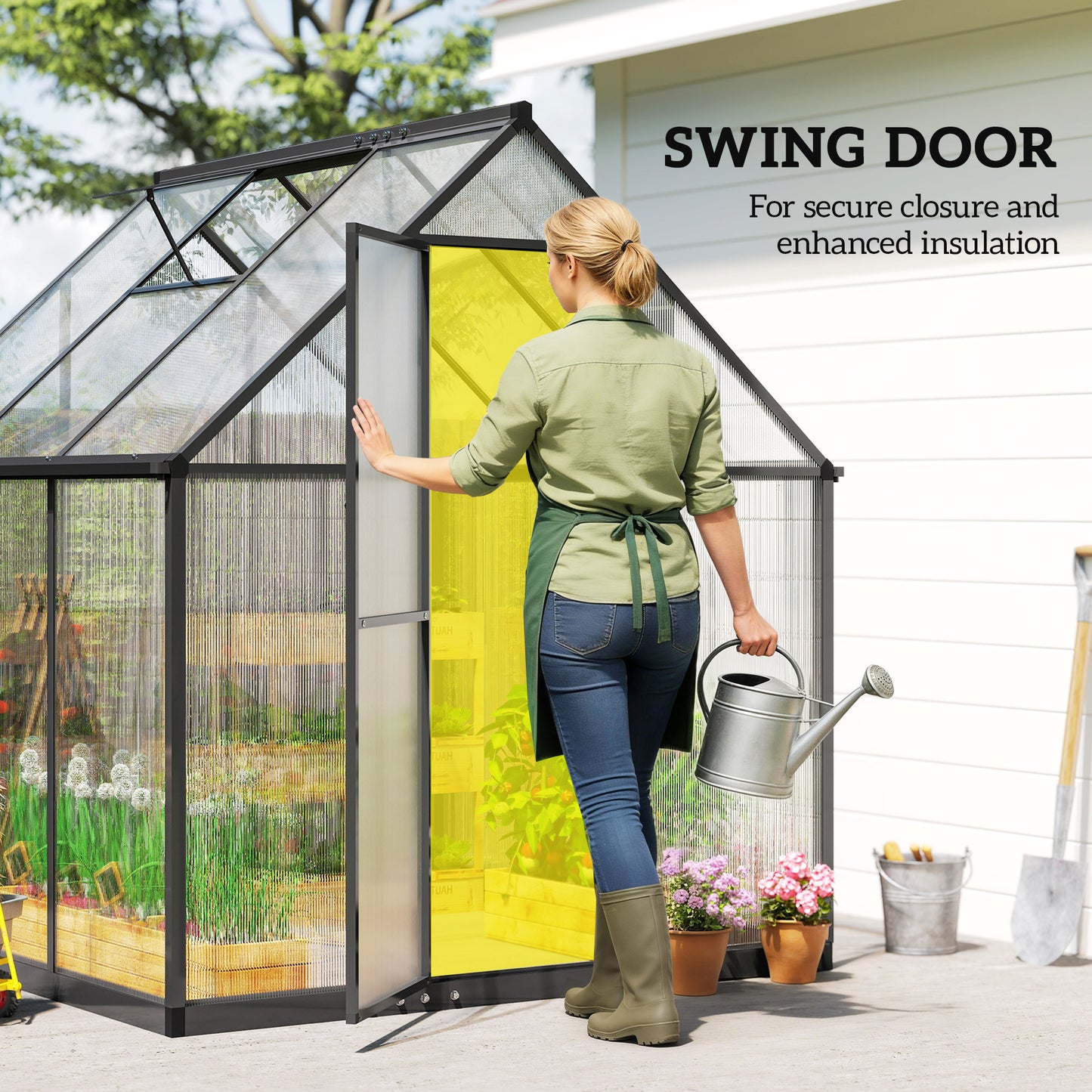 Polycarbonate Greenhouse with Swing Door and Adjustable Window, Walk-in Greenhouse with Rain Gutter, 5.5 x 6ft, Black