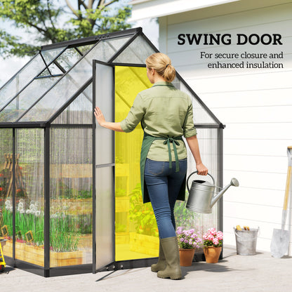 Polycarbonate Greenhouse with Swing Door and Adjustable Window, Walk-in Greenhouse with Rain Gutter, 5.5 x 6ft, Black