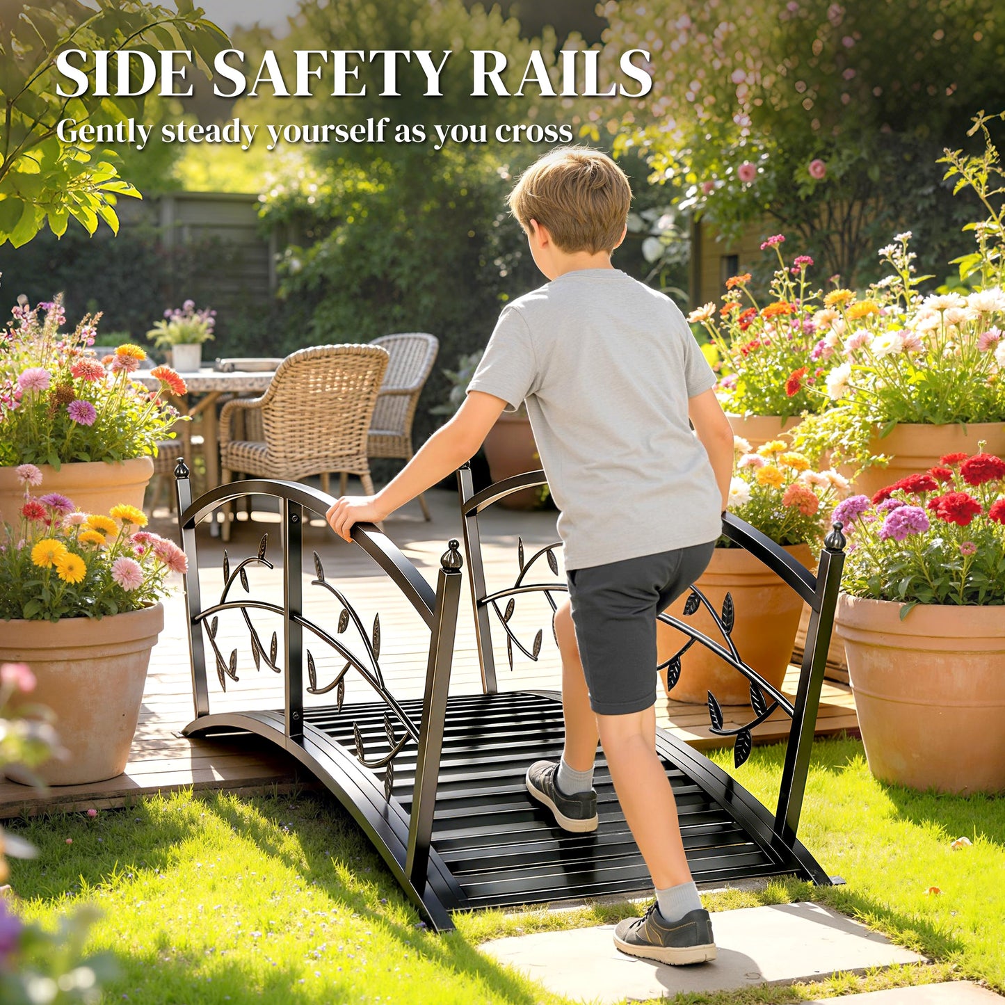 1.2M Metal Garden Bridge with Safety Railings, Outdoor Pond Bridge, Arch Decorative Footbridge for Creek Stream