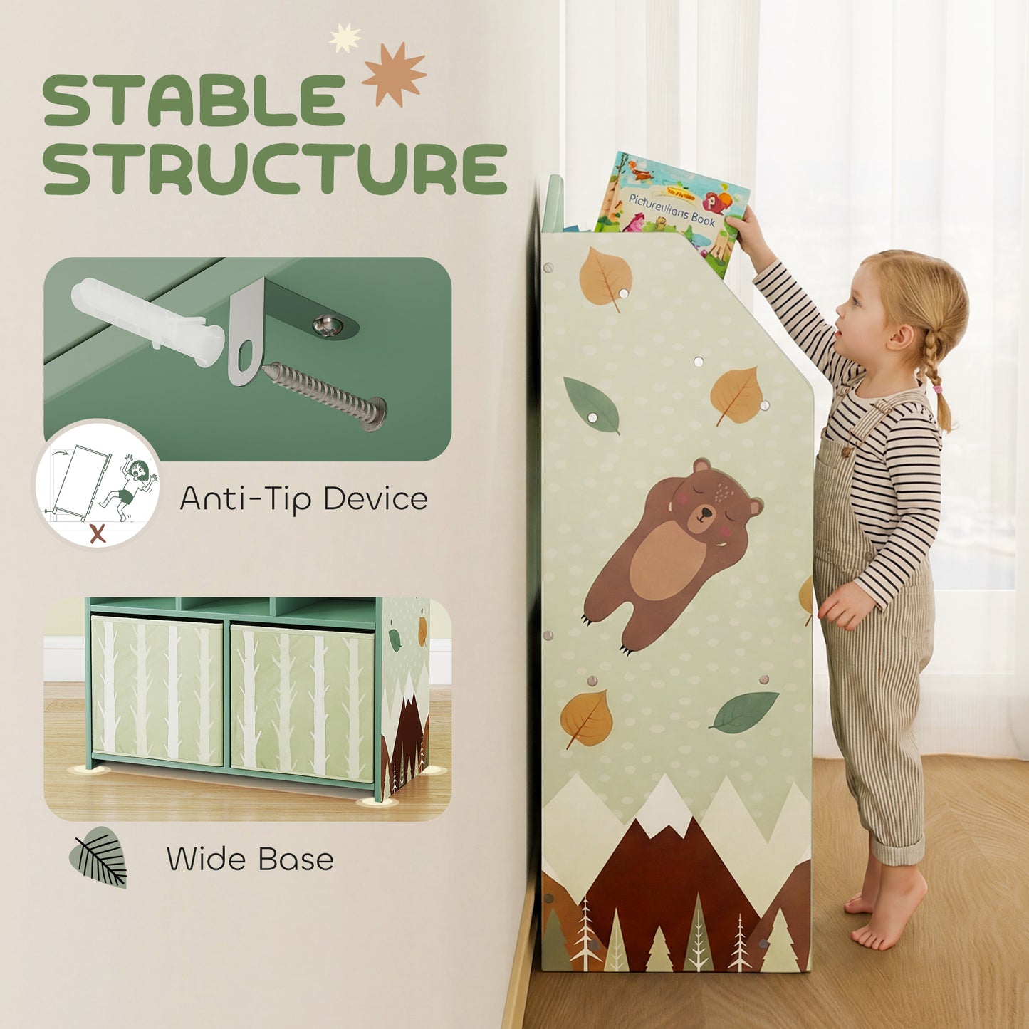 Kids Bookshelf with Storage, Toy Storage Unit with Book Display, Shelves and Fabric Drawers for Playroom Nursery, Green