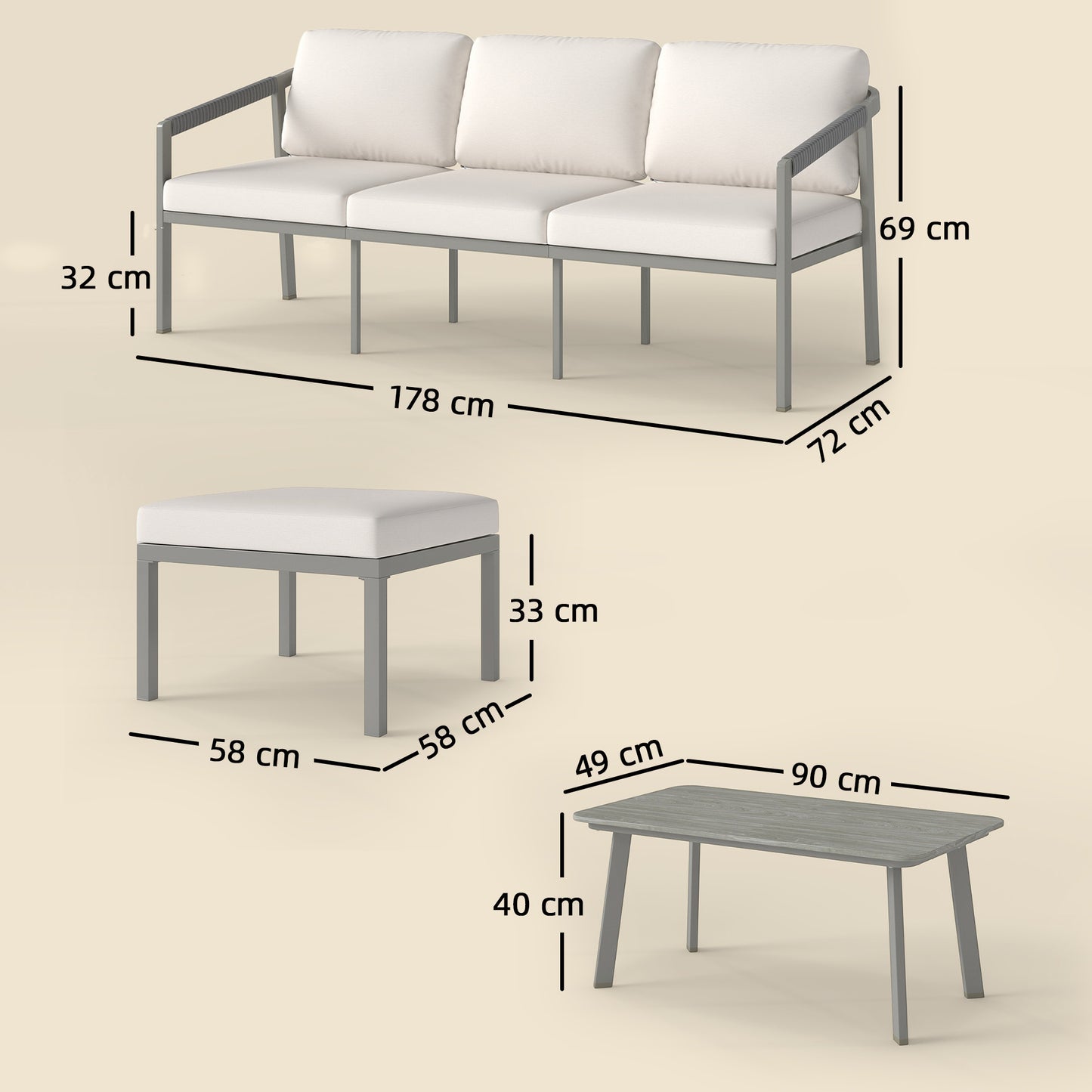 3 Piece Garden Dining Set, Outdoor Patio Furniture with 3 Seater Sofa, Footstool, Coffee Table and Cuhsions