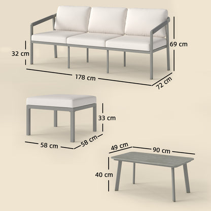 3 Piece Garden Dining Set, Outdoor Patio Furniture with 3 Seater Sofa, Footstool, Coffee Table and Cuhsions
