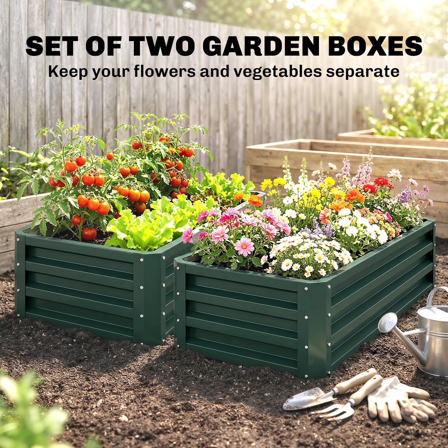 Set of Two 110 x 50 cm Steel Planter Boxes - Green