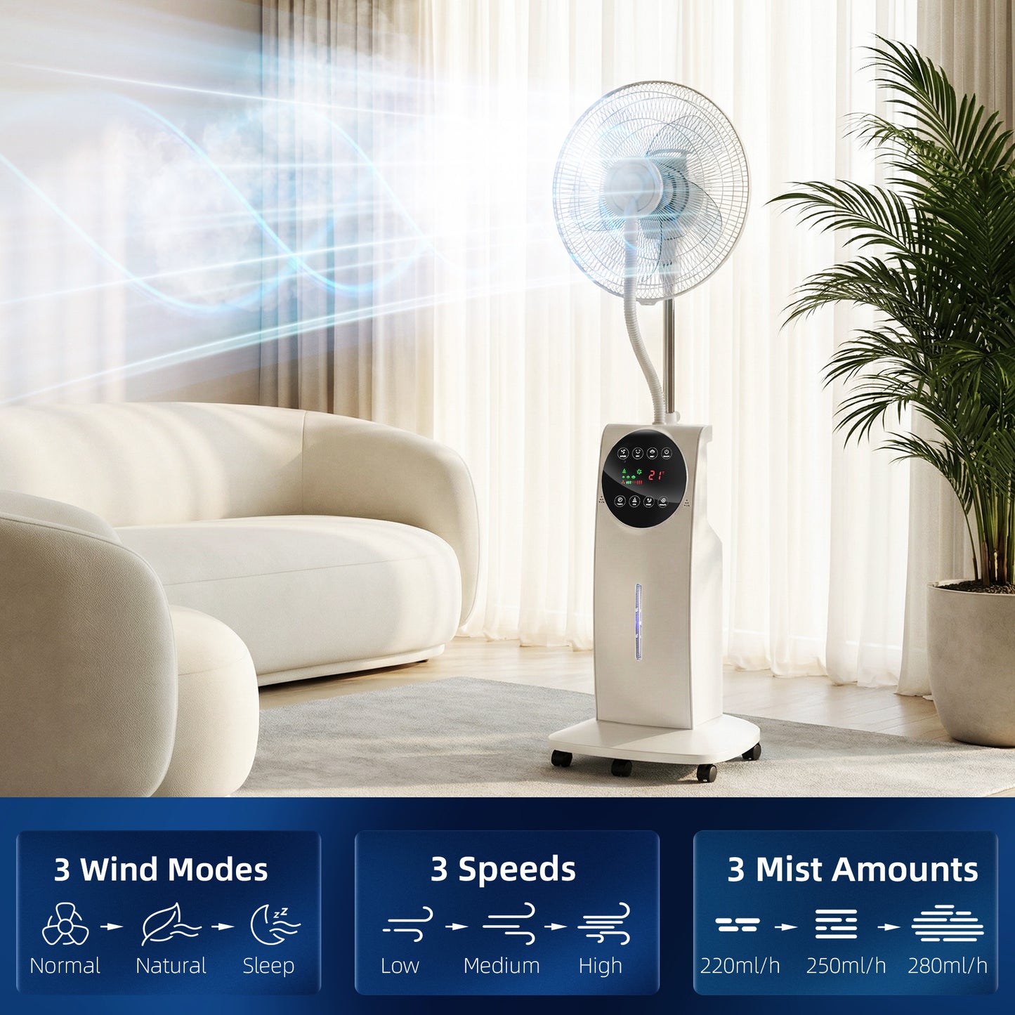 135cm Pedestal Fan with Water Mist Spray Humidifying Misting Fan, White