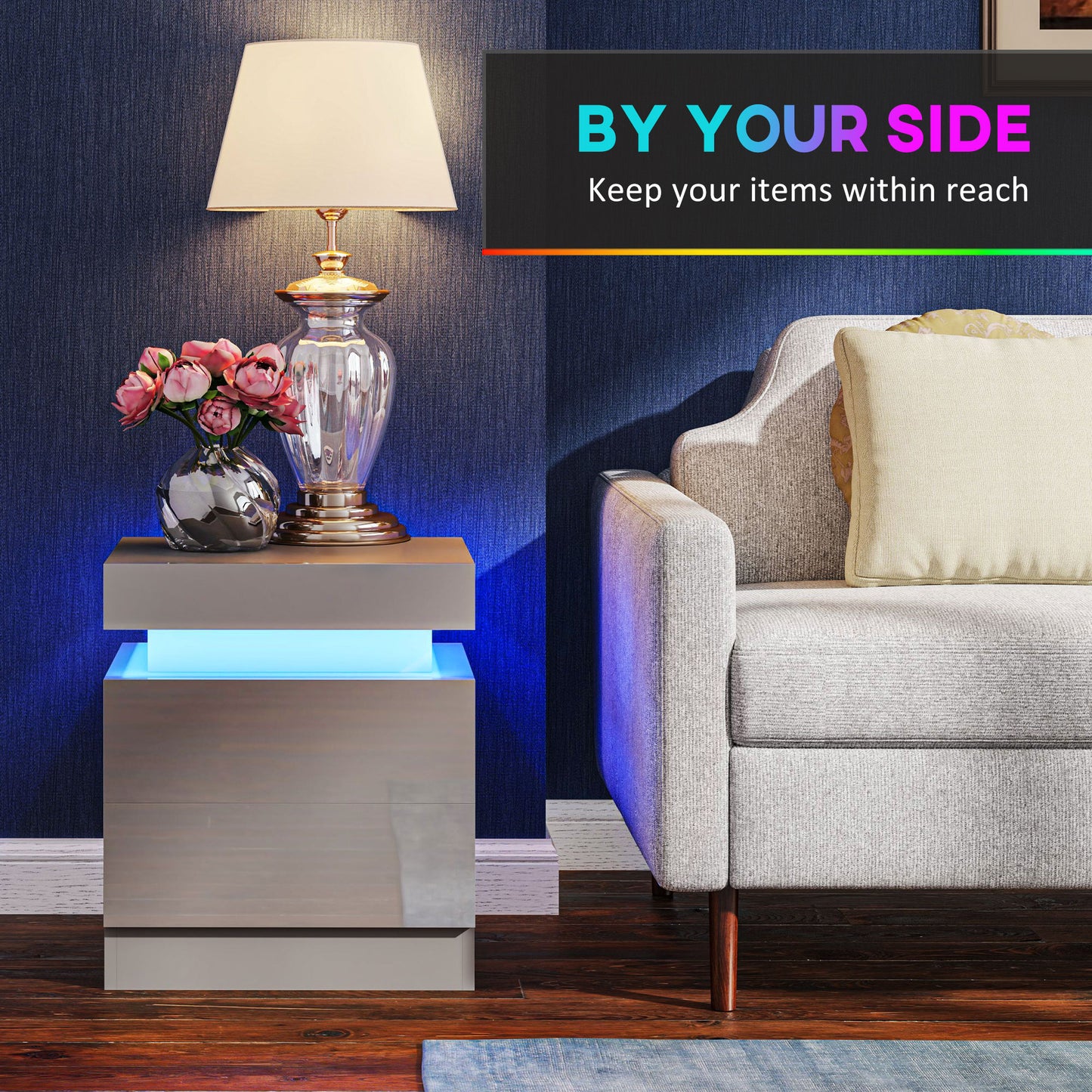 Grey Bedside Table with LED Light, High Gloss Front Nightstand with 2 Drawers, for Living Room, Bedroom