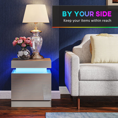 Grey Bedside Table with LED Light, High Gloss Front Nightstand with 2 Drawers, for Living Room, Bedroom