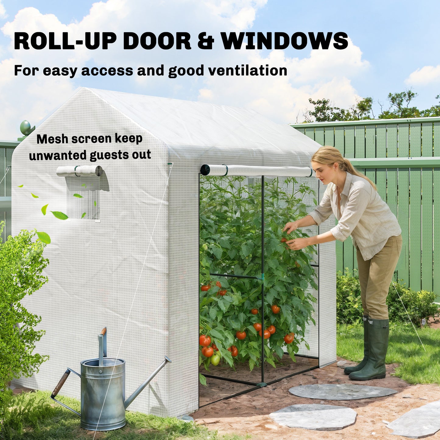 Walk-in Greenhouse, Outdoor Tomato Greenhouse with Roll-up Door and Mesh Windows, PE Cover, 200 x 140 x 200cm, White