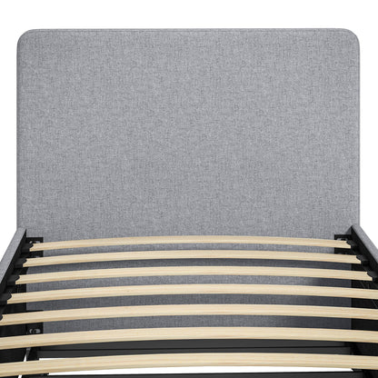 3ft Single Bed Frame with Trundle, Upholstered Pull Out Trundle Bed with Headboard and Footboard, Light Grey