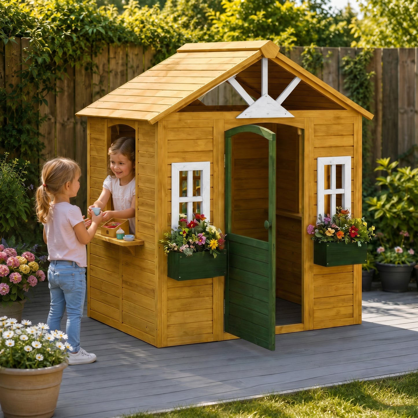 Outdoor Kids Playhouse, Wooden Wendy House with Door, 3 Windows, 2 Flower Boxes for Garden, Indoor Playroom