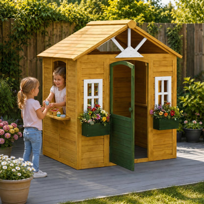 Outdoor Kids Playhouse, Wooden Wendy House with Door, 3 Windows, 2 Flower Boxes for Garden, Indoor Playroom