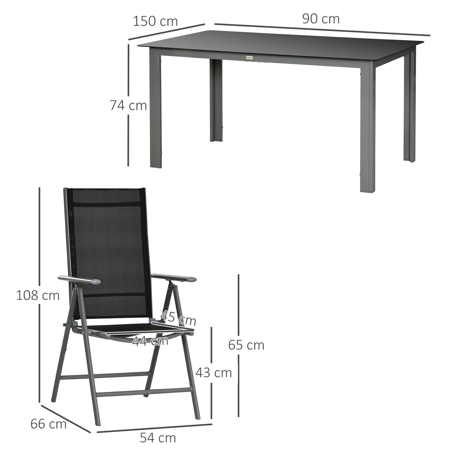 7 Piece Garden Dining Set, Outdoor Table and 6 Folding and Reclining Chairs, Aluminium Frame, Tempered Glass Top Table