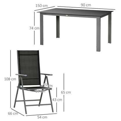 7 Piece Garden Dining Set, Outdoor Table and 6 Folding and Reclining Chairs, Aluminium Frame, Tempered Glass Top Table