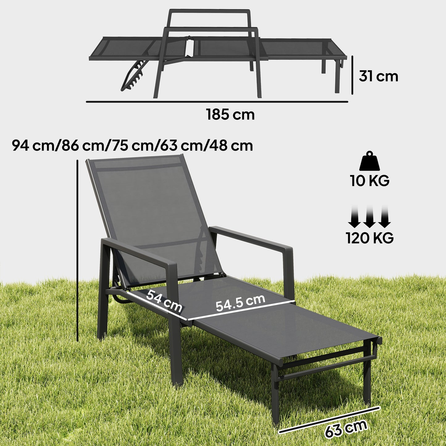 Sun Lounger Retracable Footrest 5-Position Adjustable Steel Frame for Beach, Porch, Patio, Camping, Dark Grey