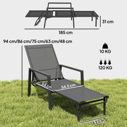 Sun Lounger Retracable Footrest 5-Position Adjustable Steel Frame for Beach, Porch, Patio, Camping, Dark Grey