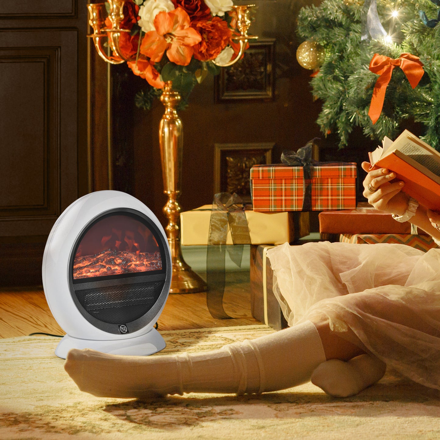 Freestanding Electric Fireplace Indoor Space Table Top Heater with Realistic Flame Effect, Rotatable Head
