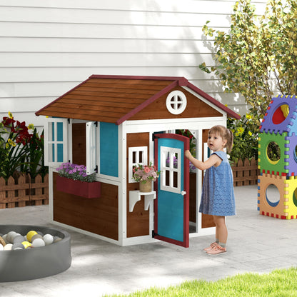 Wooden Playhouse with Doors, Windows, Plant Pots, Boxes, for 3-8 Years - Dark Brown