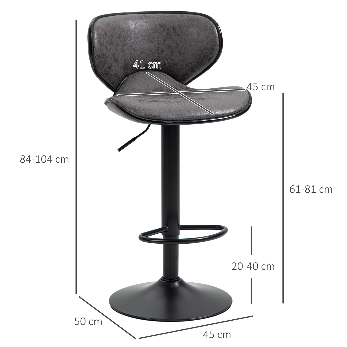 Kitchen Stools Set of 2 61-81cm Sitting Height Leather Upholstered Bar Chairs, Dark Grey