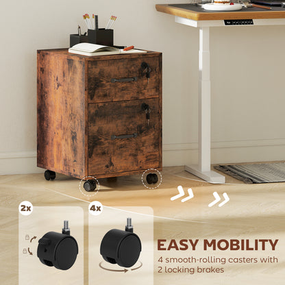 Rolling File Cabinet with 2 Drawers, Mobile Filing Cabinet with Hanging File Folder for Letter Sized Documents, Rustic Brown