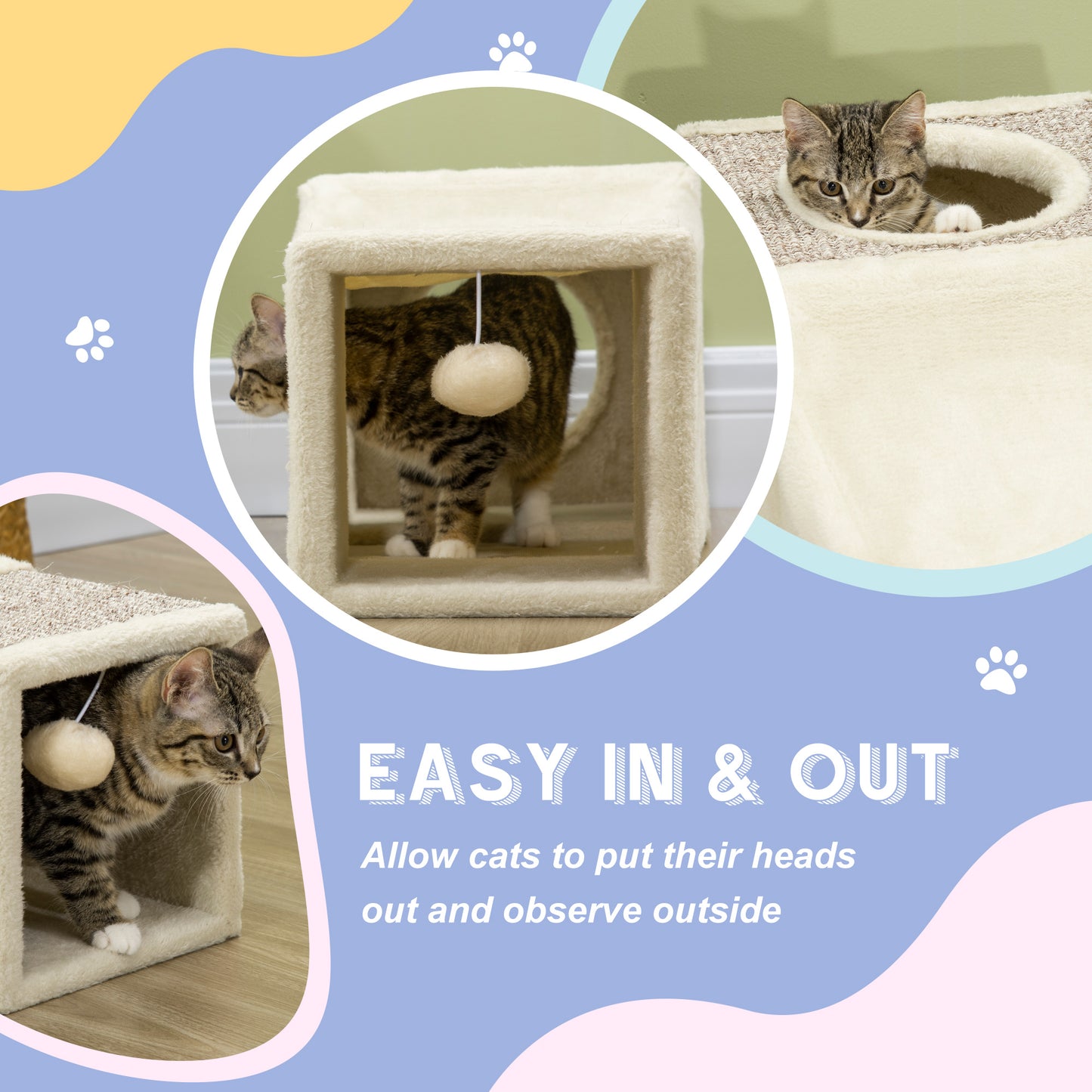 Cat Tunnel, Plush Large Play Tunnel with Two Caves and Hanging Ball, Cream White