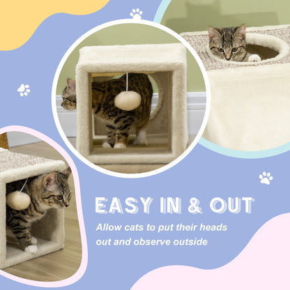 Cat Tunnel, Plush Large Play Tunnel with Two Caves and Hanging Ball, Cream White
