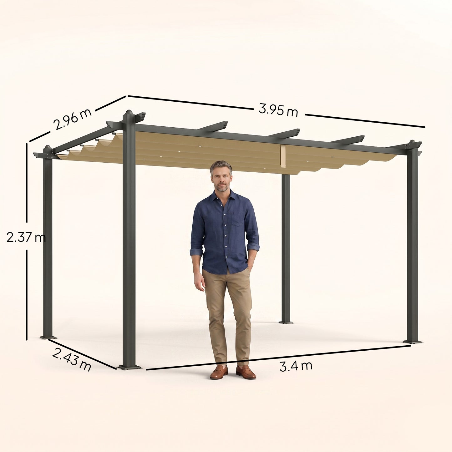 3 x 4m Aluminium Pergola, with Retractable Roof - Khaki