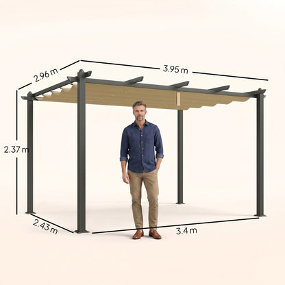 3 x 4m Aluminium Pergola, with Retractable Roof - Khaki