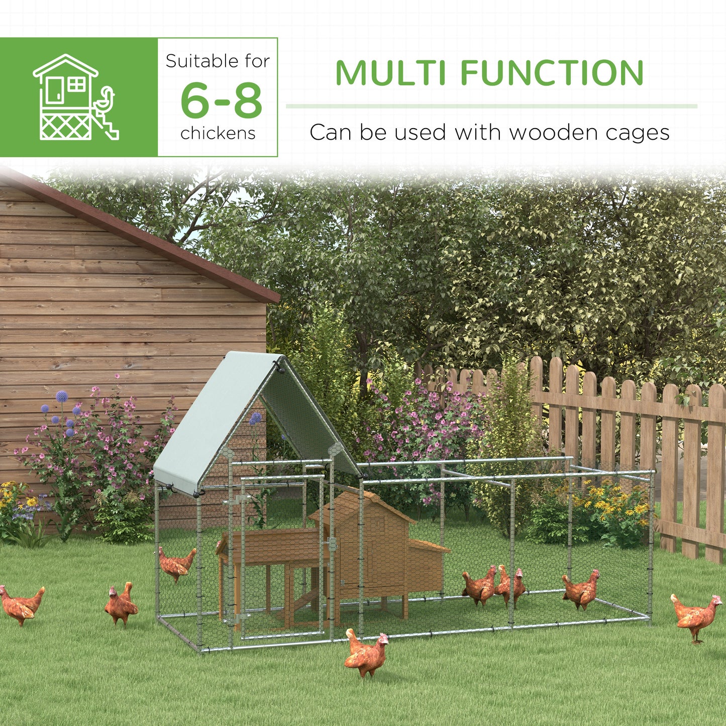 Walk In Chicken Run Chicken Coop, Large Poultry Cage Hen House for 6-8 Chickens Outdoor w/ Water-Resist Cover 302 x 107 x 172