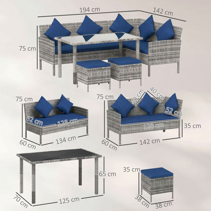 5 Pieces Rattan Garden Furniture Set with Dining Table, Cushions - Dark Blue