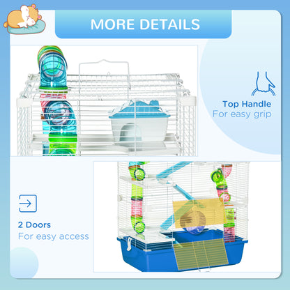 5 Tier Hamster Cage, Gerbil Cage with Exercise Wheel, Feeder Bowl, Tube, Water Bottle, 59L x 36W x 69H cm - Blue