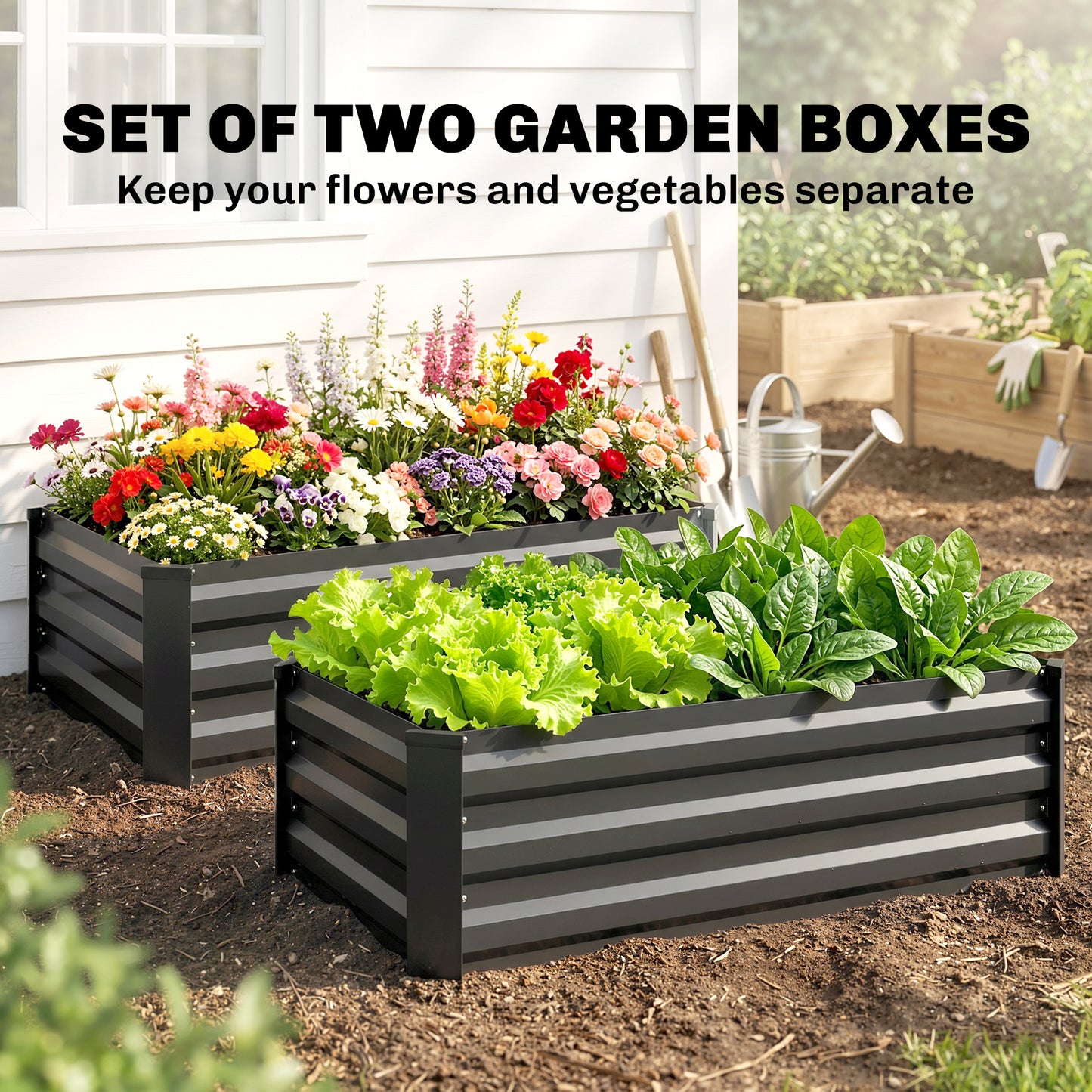 Set of Two 100 x 60cm Steel Planter Boxes - Grey