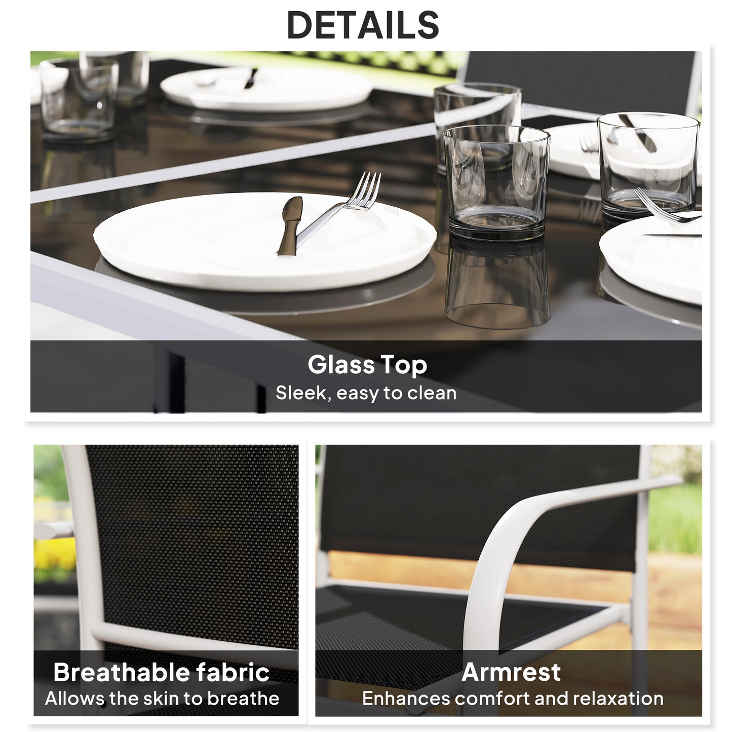 7 Piece Outdoor Garden Dining Set with Table and 6 Stackable Chairs, Steel Frame, Tempered Glass Top, Mesh Seats, Black