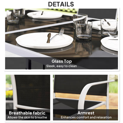 7 Piece Outdoor Garden Dining Set with Table and 6 Stackable Chairs, Steel Frame, Tempered Glass Top, Mesh Seats, Black