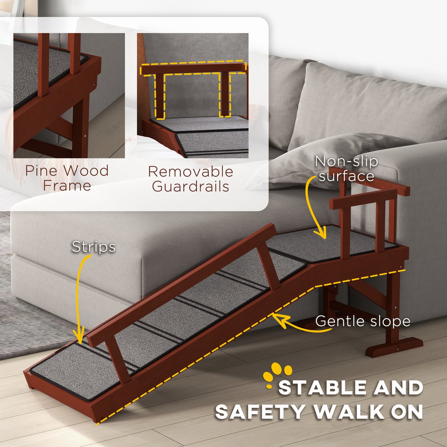 Wooden Dog Ramp with Removable Guardrails, Non-Slip Surface, 125 cm Long, Brown