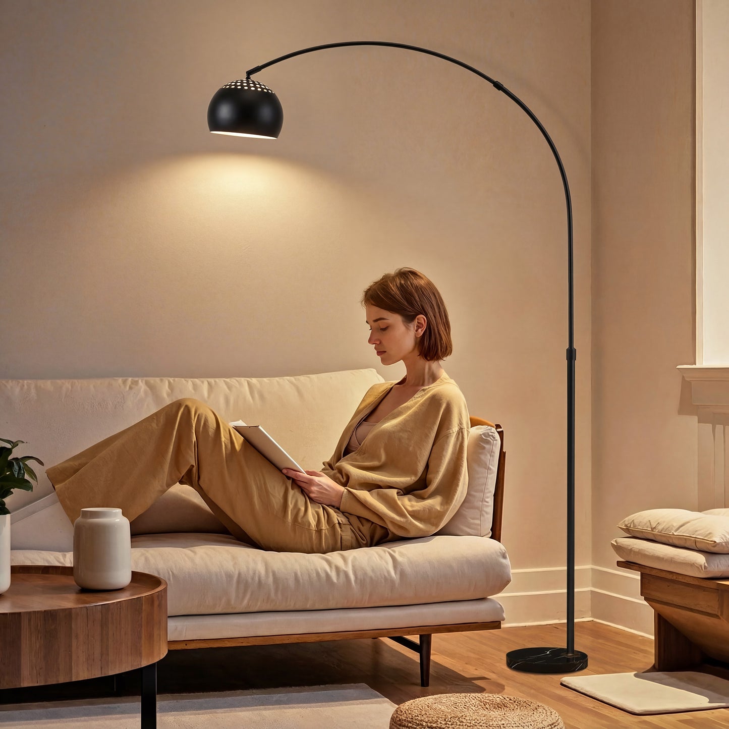 Arc Floor Lamp for Living Room, Modern Adjustable Standing Lamp with Faux Black Marble Base Black