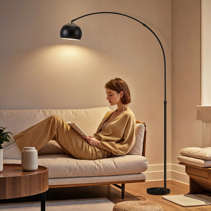 Arc Floor Lamp for Living Room, Modern Adjustable Standing Lamp with Faux Black Marble Base Black