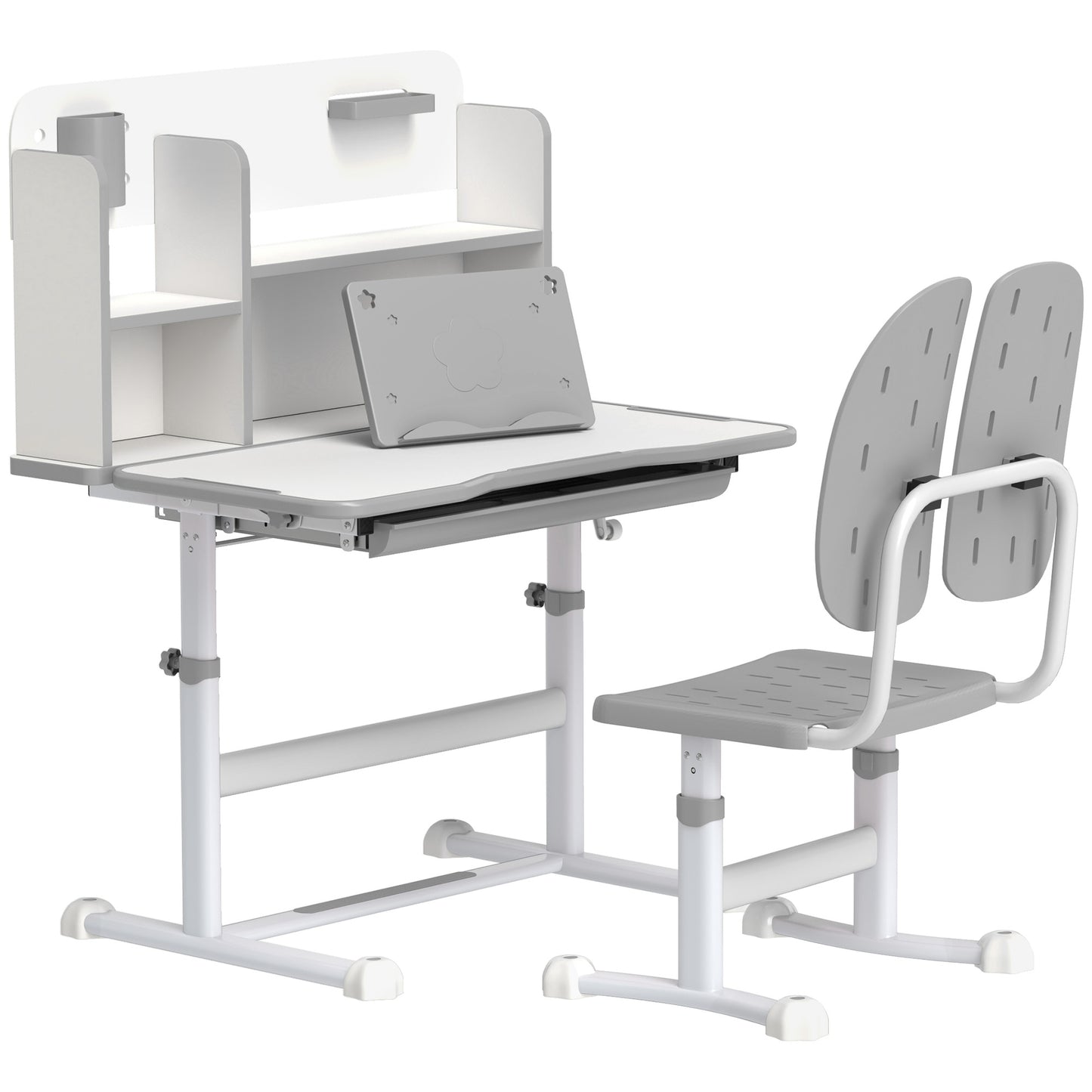 Height Adjustable Kids Desk and Chair Set, Children School Study Desk with Tiltable Desktop, Reading Rack, Grey