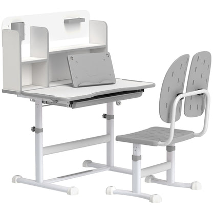 Height Adjustable Kids Desk and Chair Set, Children School Study Desk with Tiltable Desktop, Reading Rack, Grey