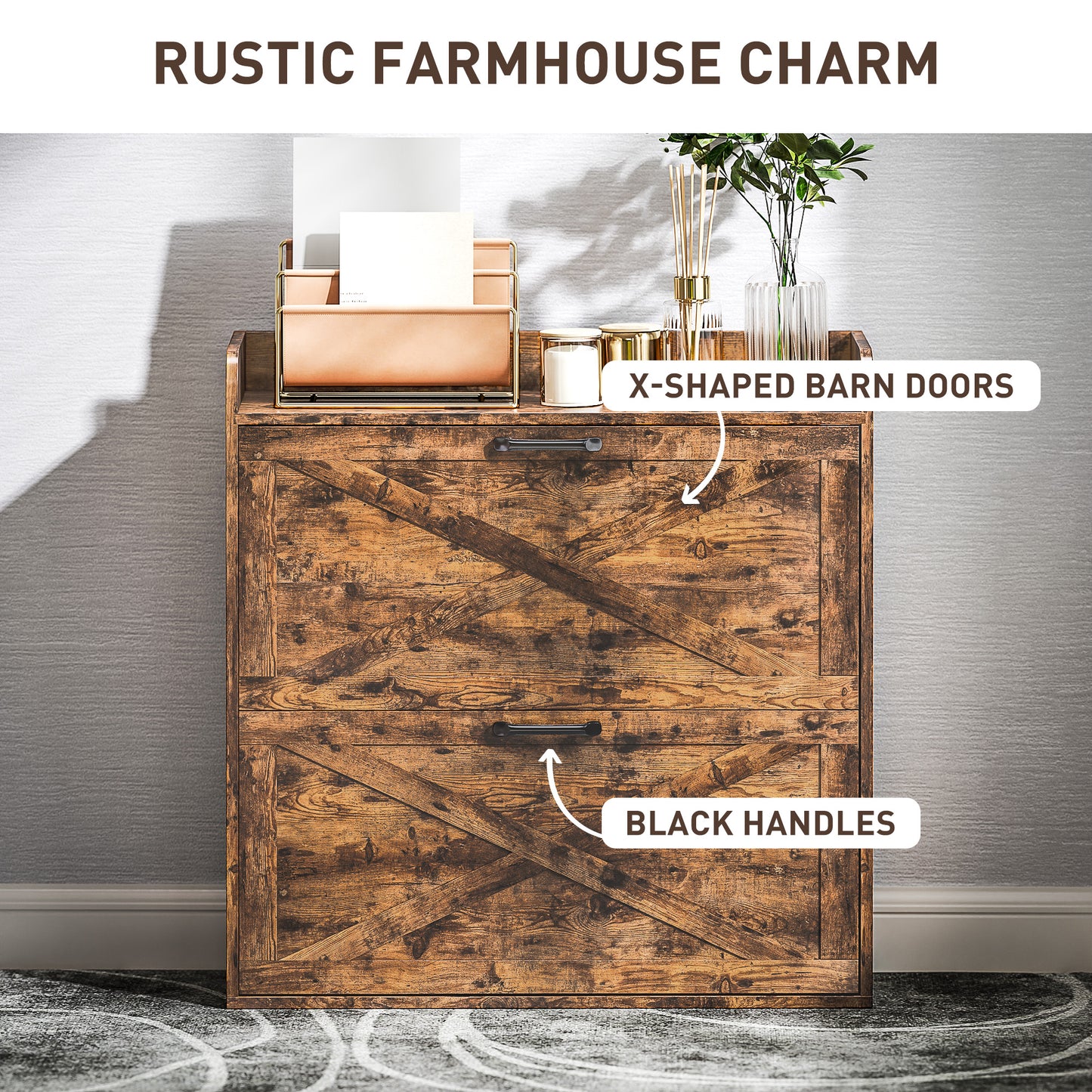 Two Flip Drawer Narrow Shoe Cabinet with Adjustable Shelves - Rustic Brown