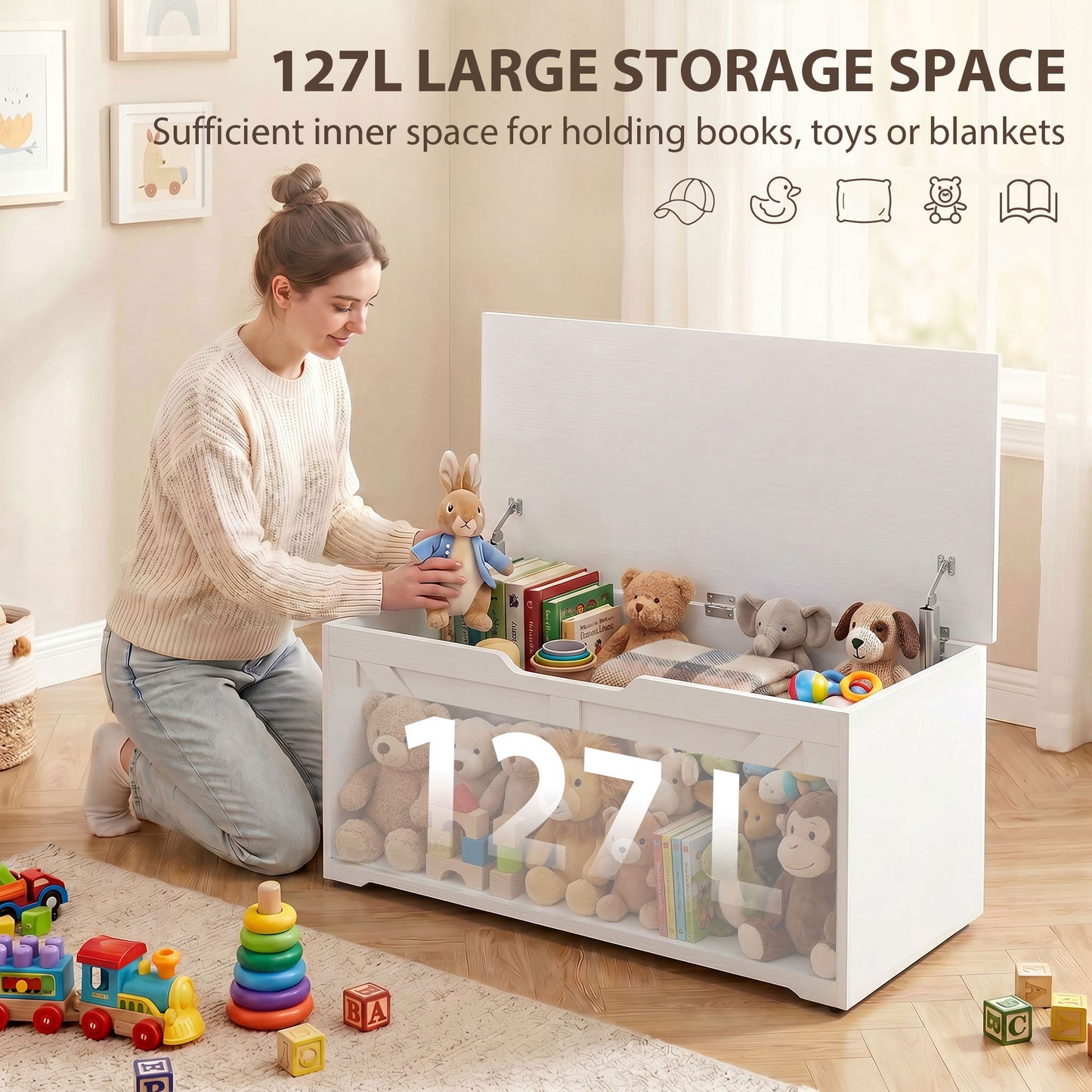127L Home Storage Box, with Safety Hinges - White Wood-Effect