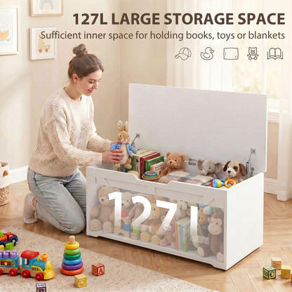 127L Home Storage Box, with Safety Hinges - White Wood-Effect