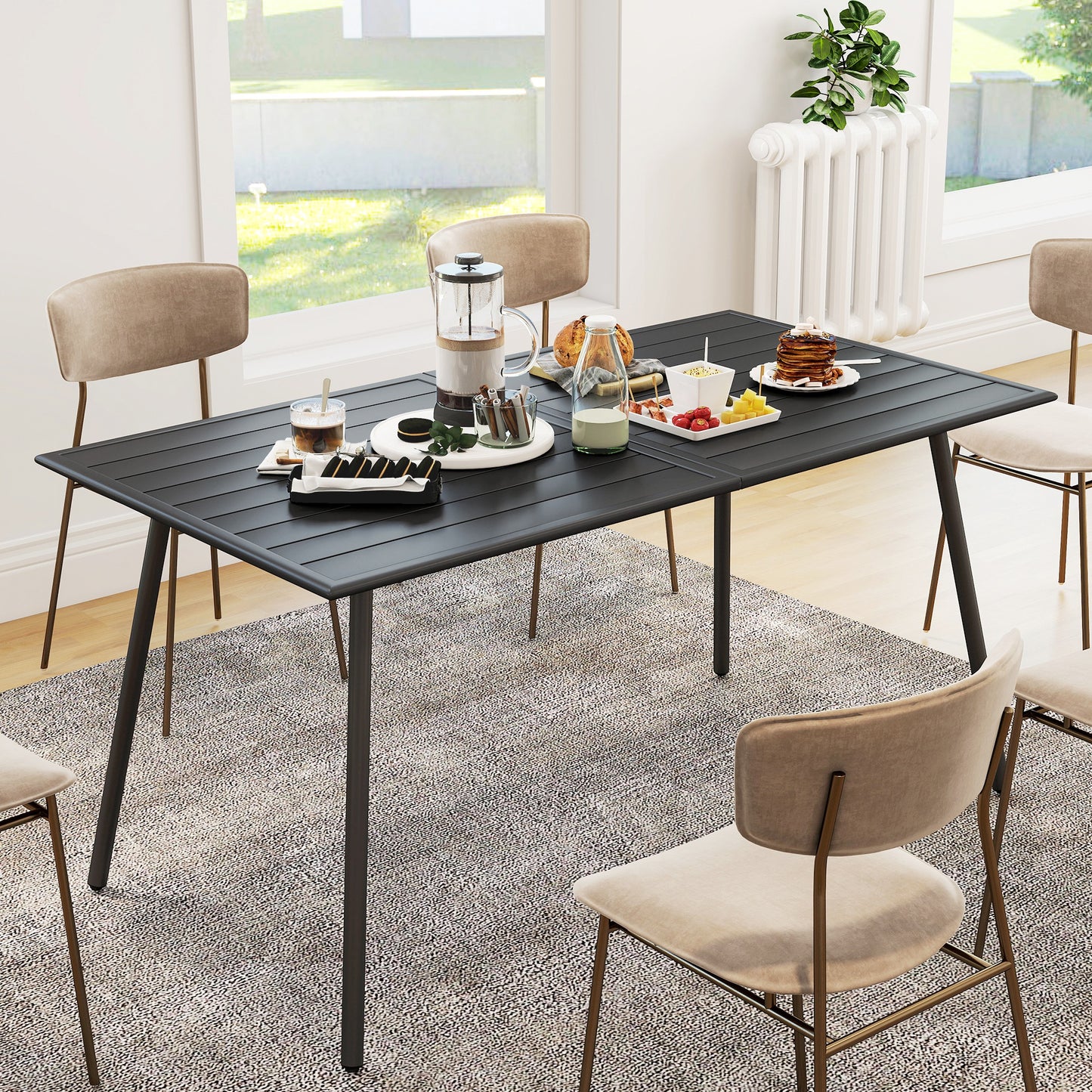 Rectangle Garden Table with Slat Top, Steel Frame, Outdoor Table for 6 Person, 150 x 80 x 74 cm, Black